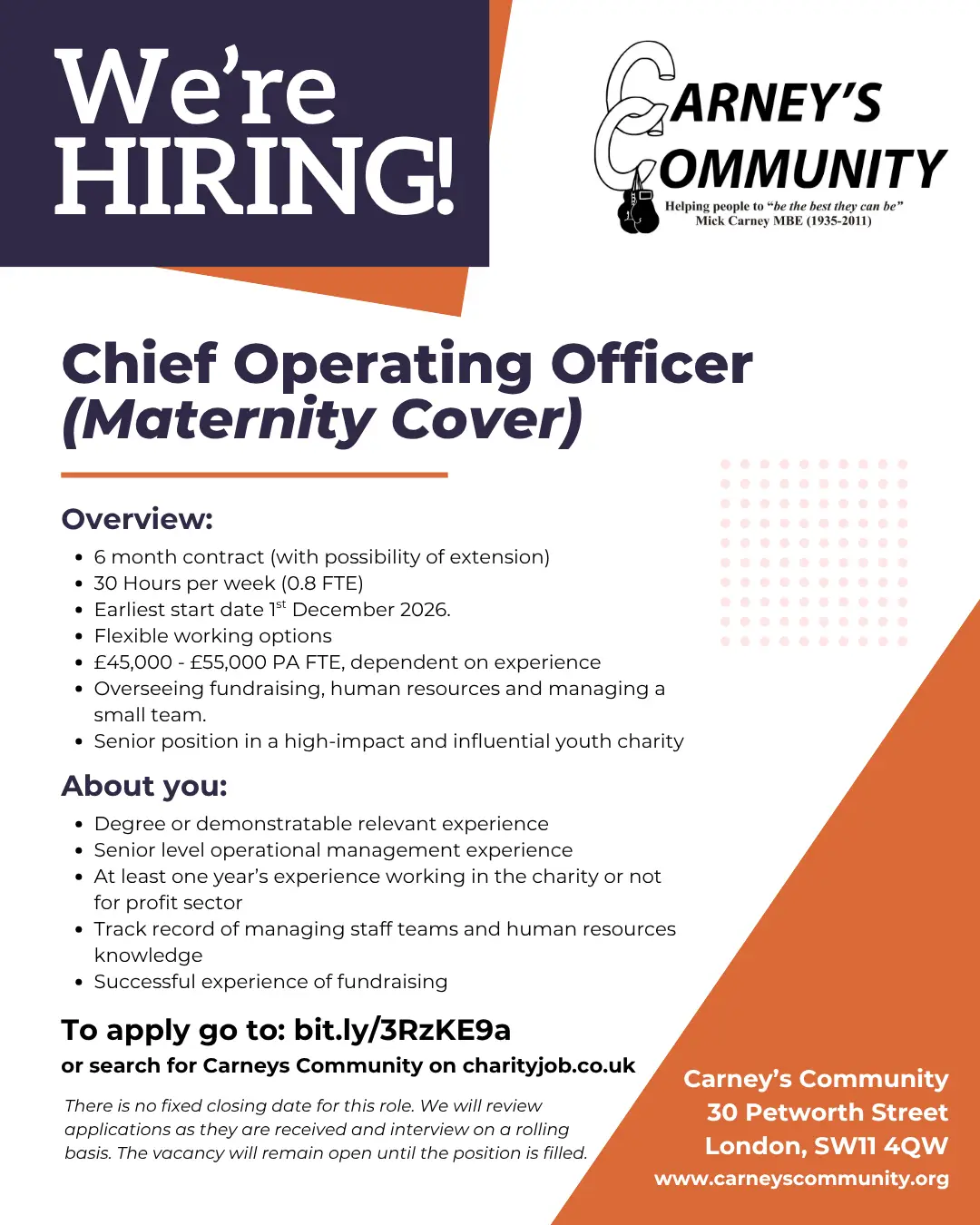 Carney's Community We're Hiring poster - Chief Operating Officer (Maternity Cover)