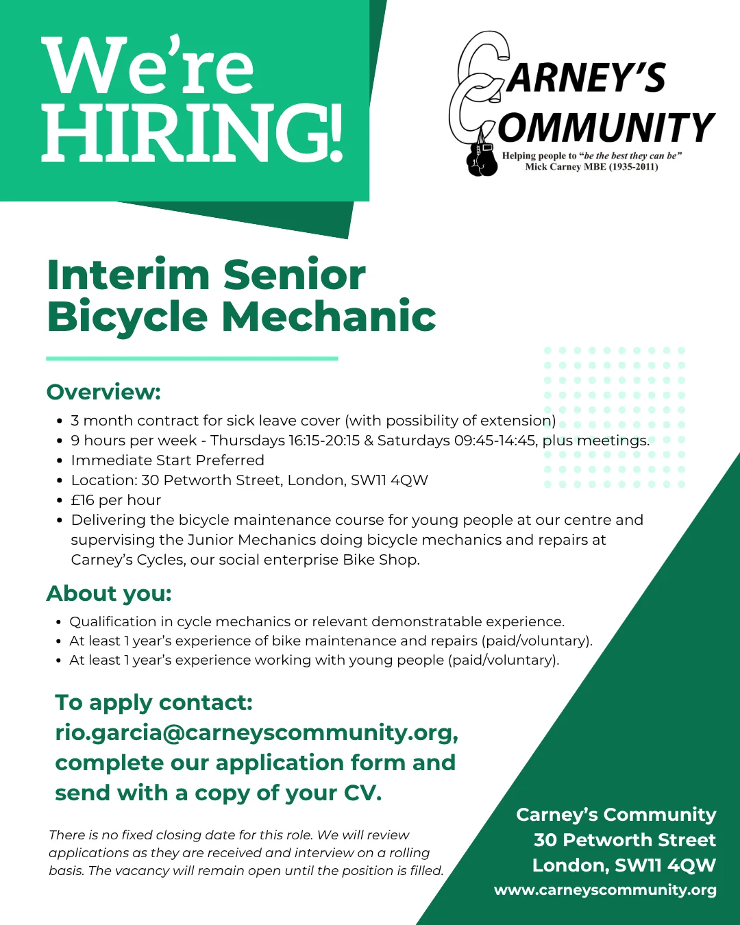 Carney's Community We're Hiring poster for the Interim Senior Bicycle Mechanic role in Battersea, London